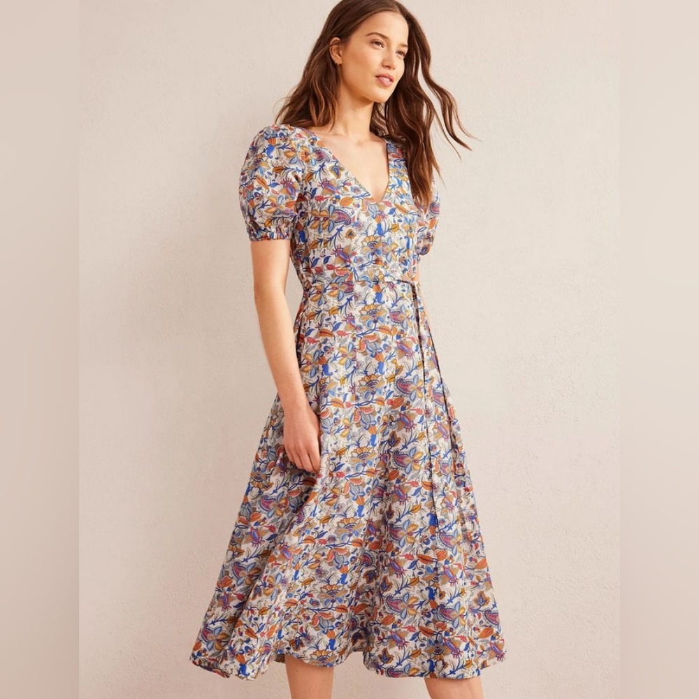 Boden Linen Blend Midi Dress Puff Sleeve A-Line Floral Boho Print V-Neck Size 14 - Picture 16 of 16